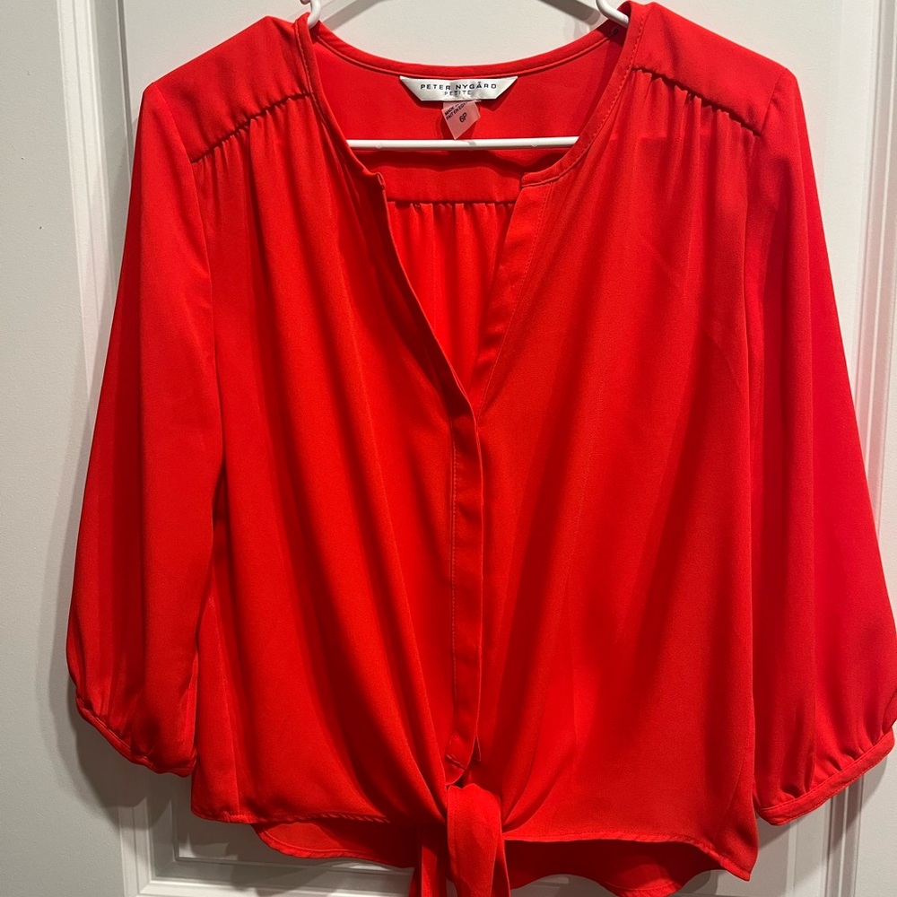 Peter Nygard blouse Neon Orange v neck 3/4 Sleeve Size 6 Petite.